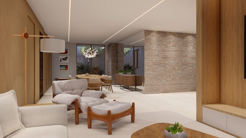 Sala de estar integrada com parede de pedra